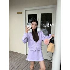 批发美式复古带毛领连帽卫衣开衫外套+松紧<b class='q'>高腰</b>抽绳防走光半身裙套装