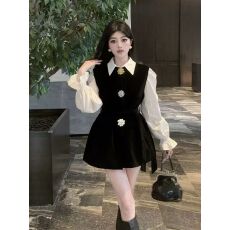 法式复古高级感重工镶钻花朵叠穿极简马甲+白色长袖衬衫女两件套