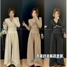 批发时尚气质<b class='q'>套装</b>女新款蕾丝拼接扭结长袖上衣显瘦阔腿裤加绒两件套