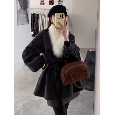 批发狐狸毛泡泡袖双面羊绒大衣女<b class='q'>中长款</b>圣诞过年红色系带显瘦毛呢外套