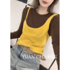 批发撞色长袖T恤叠穿<b class='q'>吊带</b><b class='q'>背心</b><b class='q'>打底衫</b>套装女秋冬新款设计感针织两件套