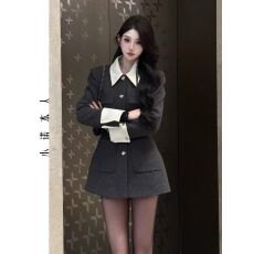 2025拼色毛呢外套千金感修身显瘦上衣高腰短裤羽绒套装