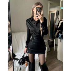 批发高级感纯欲套装气质翻领长袖衬衫女春秋收腰pu皮裙两件套