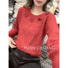 批发冬季法式温柔风<b class='q'>立体</b><b class='q'>花朵</b>装饰毛衣女宽松镂空针织衫高级感<b class='q'>上衣</b>