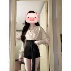 批发套<b class='q'>装</b>女秋冬纯欲绑带拼接撞色V领长袖衬衫上衣高腰显瘦黑色短<b class='q'>裤</b>