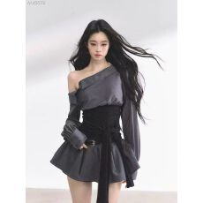 批发慵懒韩系温柔气质衬衫收腰显瘦薄款连衣裙显瘦长袖短款裙两件套