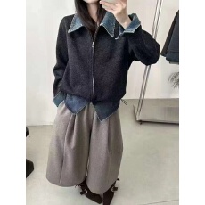批发设计感小众<b class='q'>牛仔</b>拼接卫衣开衫女外套翻领个性2025冬季新款