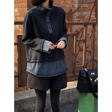 批发设计款拼接<b class='q'>牛仔</b>立领假两件上衣2025秋冬潮流百搭休闲长袖上衣女