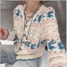 批发设计感条纹<b class='q'>镂空</b>提花毛衣外套女秋冬季外搭温柔风韩系软糯针织开衫