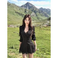 批发黑色V领蕾丝拼接长袖<b class='q'>西装</b>连衣裙子<b class='q'>女</b>秋冬2025新款包臀短裙两件套