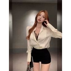 批发假两件polo领<b class='q'>蕾丝</b>白色衬衫女性感v领上衣防晒衬衣<b class='q'>短裤</b>两件套