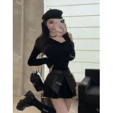 批发纯欲辣妹黑色斜肩<b class='q'>收腰</b><b class='q'>连衣裙</b>女25年冬季时尚皮带腰封套装