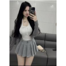 批发春季针织衫披肩灰色开衫长袖短款<b class='q'>百褶</b>裙纯欲运动<b class='q'>半身裙</b>背心三件套