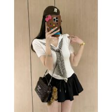 批发2026新复古海军领条纹领针织短袖女<b class='q'>夏季</b>上衣半身裙两件套