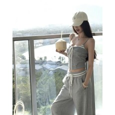 批发灰色系带吊带背心+抽绳阔腿卫裤两件套女休闲慵懒风显瘦<b class='q'>运动</b>套装