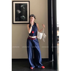 批发老钱调性 露背系带牛仔背心原色<b class='q'>宽松</b>阔腿长裤套装