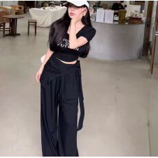 批发夏季时尚减龄韩系圆领字母印花短袖T恤披肩+高腰阔腿裤<b class='q'>休闲</b>三件套