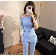 批发韩版通勤休闲风套装女夏季设计感开叉<b class='q'>修身</b>显瘦短袖上衣微喇阔腿<b class='q'>裤</b>