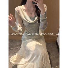 批发26长袖新款不规则扎染<b class='q'>修身</b>上衣褶皱打底显瘦假两件半身裙两件套