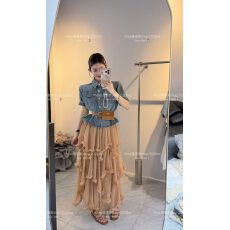 批发初夏穿搭套装2026新款港风复古收腰独特短袖牛仔衬衫<b class='q'>半身裙</b>两件套