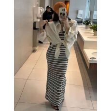 批发2026春夏新款<b class='q'>韩版</b>气质松弛感防晒衬衫复古修身条纹连衣裙两件套女