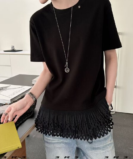 한 부서 홀로우 아웃 레이스 밑단 반팔 티셔츠 2026 봄 새로운 여성 디자인 센스 패션 Chic 다용도 맨위