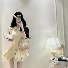 批发新款个性女装韩系POLO领单排扣修身不规则<b class='q'>荷叶边</b>超短裙<b class='q'>连衣裙</b>