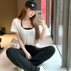 批发韩系u领小衫吊带背心<b class='q'>T</b><b class='q'>恤</b>女宽松慵懒叠穿上衣休闲<b class='q'>裤</b>三件套
