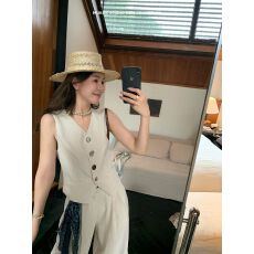 批发老钱风无袖西装套装<b class='q'>女</b>春夏白色阔腿裤<b class='q'>两件</b>套松弛感穿搭