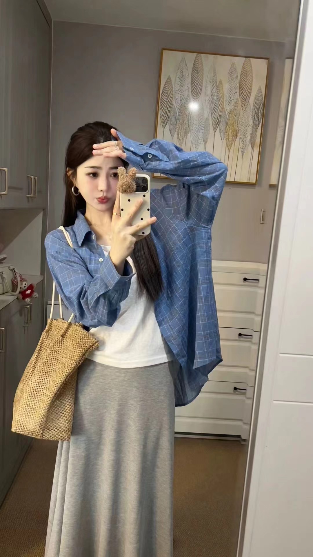26 년 여름 켜기 새로운 한 부서 패션 느슨함 센스 당겨서 전체 3종 세트 자외선 차단 체크무늬 셔츠 반신 스커트 조끼