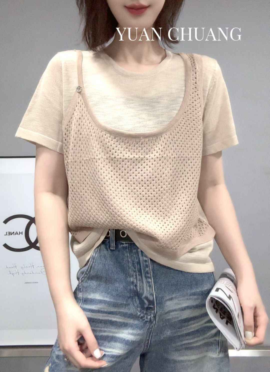 페이크 레이어드 패치워크 홀로우 아웃 조끼 반팔 티셔츠 여성 2026 여름 새로운 외국 가스 캐주얼 스택 착용 다용도 맨위