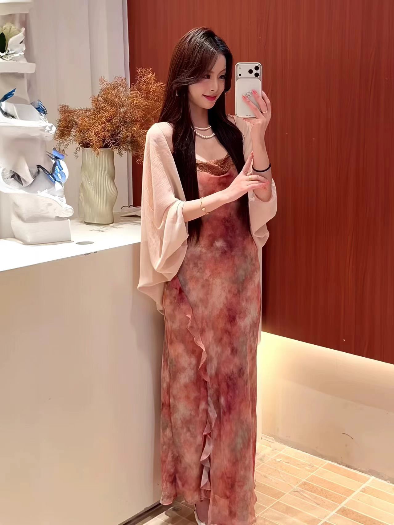 한 부서 새로운 고급 세트 염색 프린트 슬립 품격 슈퍼 요정 휴가 바람 드레스 숄 투피스 세트