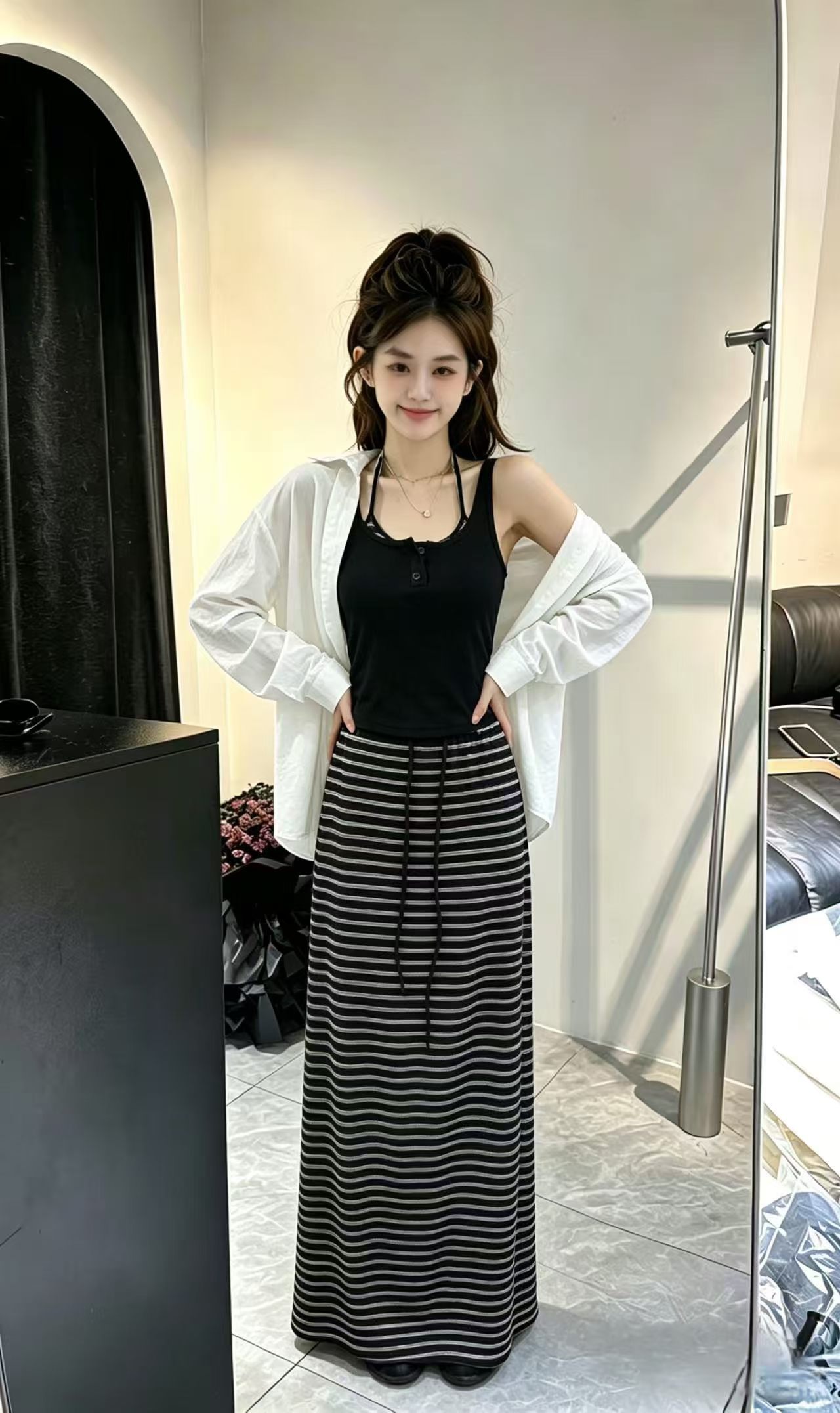 새로운 한국 스타일 루즈핏 다용도 자외선 차단 셔츠 스트라이프 슬립 허리밴드 와이드 레그 팬츠 3종 세트