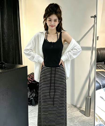 새로운 한국 스타일 루즈핏 다용도 자외선 차단 셔츠 스트라이프 슬립 허리밴드 와이드 레그 팬츠 3종 세트