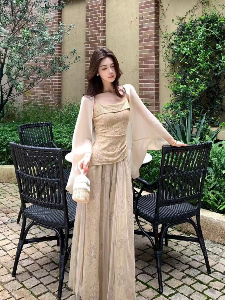 새로운 고급 센스 루즈핏 품격 Tulle 쉬폰 자외선 차단 의류 슬립 허리밴드 반신 스커트 3 세트