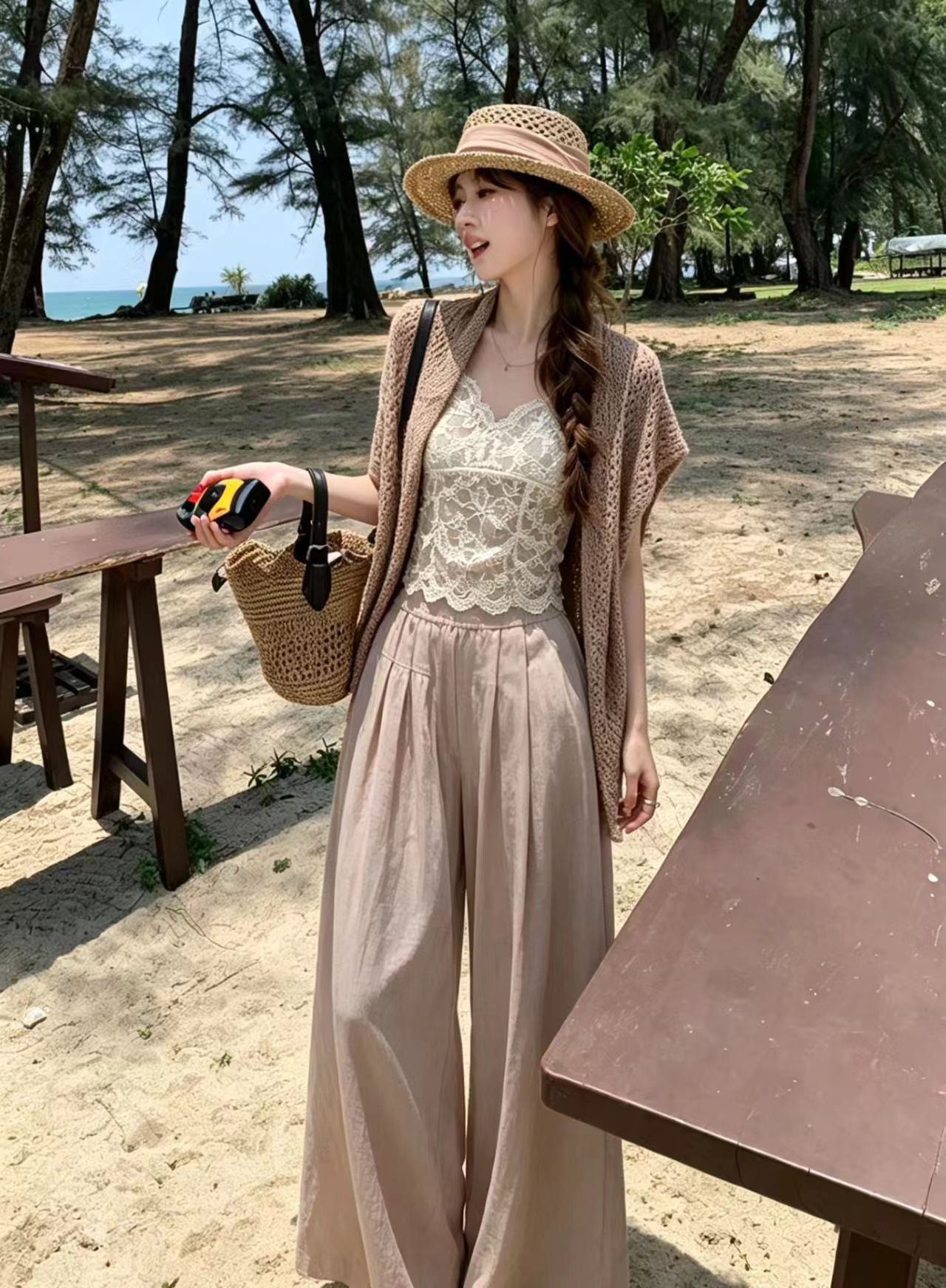 한 부서 부드러운 바람 세트 여성 여름 2026 새로운 자외선 차단 니트 오픈 가디건 캐미솔 반신 스커트 3종 세트