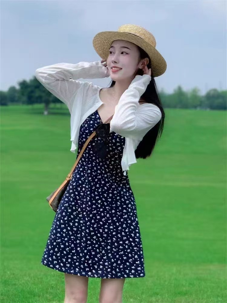바람 꽃무늬 치마 작은 키 슬립 여성 드레스 봄 여름 니트 얇은 오픈 가디건 학원 슬림해 보이는 연령 감소 투피스 세트