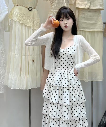 새로운 프랑스식 달콤함 허리 수축 품격 슬립 휴가 부드러운 도트 무늬 드레스 외부 피 투피스 세트