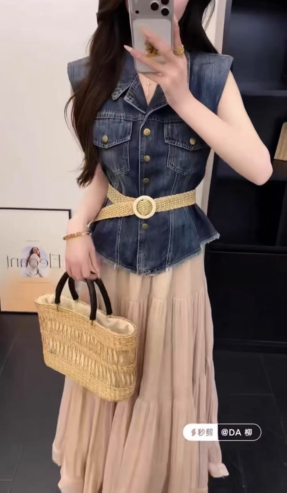 항구 바람 레트로 스타일 착용 가져 가라. 여름 디자인 센스 허리 수축 데님 베스트 우아한 망사 케이크 롱 스커트 두 조각
