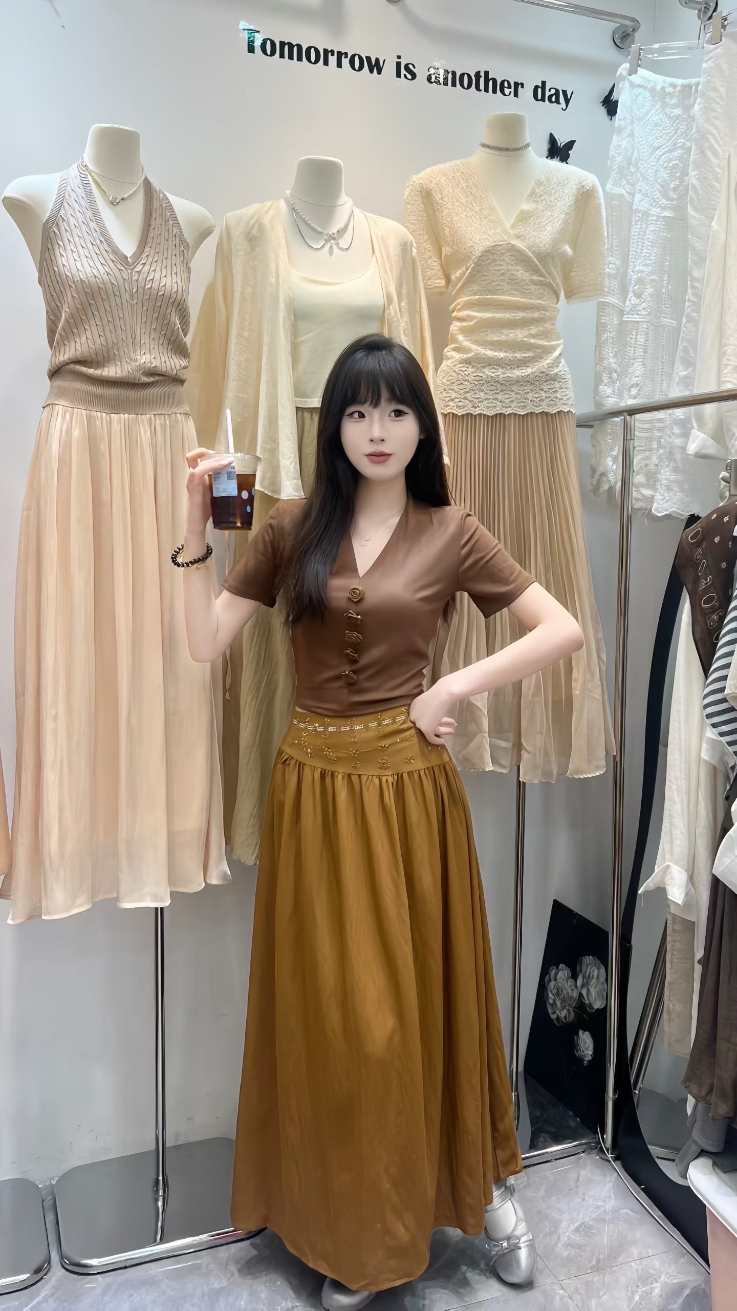 새로운 패션 레트로 쇼트 스타일 3 차원 꽃 V넥 반팔 티셔츠 하이웨이스트 핫픽스 반신 치마 세트