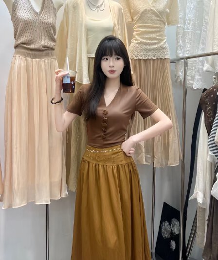 새로운 패션 레트로 쇼트 스타일 3 차원 꽃 V넥 반팔 티셔츠 하이웨이스트 핫픽스 반신 치마 세트