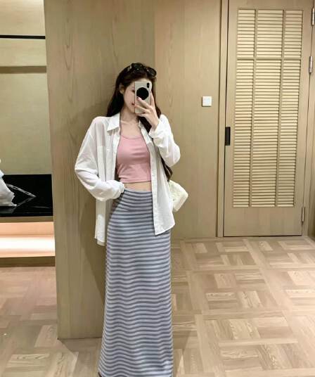 새로운 순수한 욕망 바람 섹시함 캐미솔 외부 피 배색 스트라이프 반신 스커트 핫걸 3종 세트