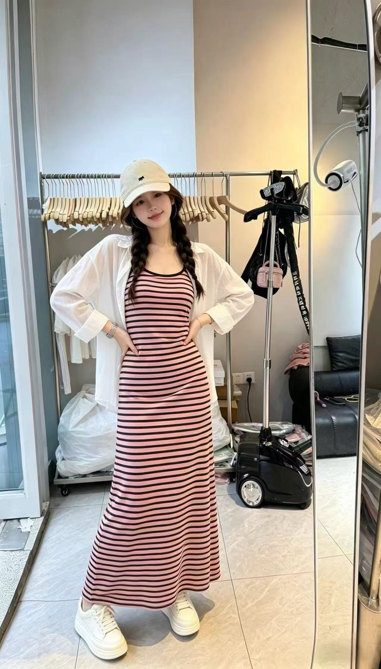 한 부서 미니멀리즘 클래식 V넥 스트라이프 슬립 여성 드레스 여름 허리 수축 롱 스커트 외부 피 투피스 세트