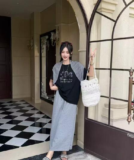 여름 한 부서 캐주얼 루즈핏 느긋한 바람 작은 말 프린트 반팔 경기 숄 반신 치마 세트