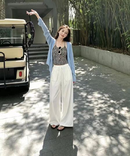 여름 새로운 여성 의류 패션 레오파드 무늬 캐미솔 오픈 가디건 자외선 차단 와이드 레그 팬츠 3종 세트 휴가 바람 잘 생긴