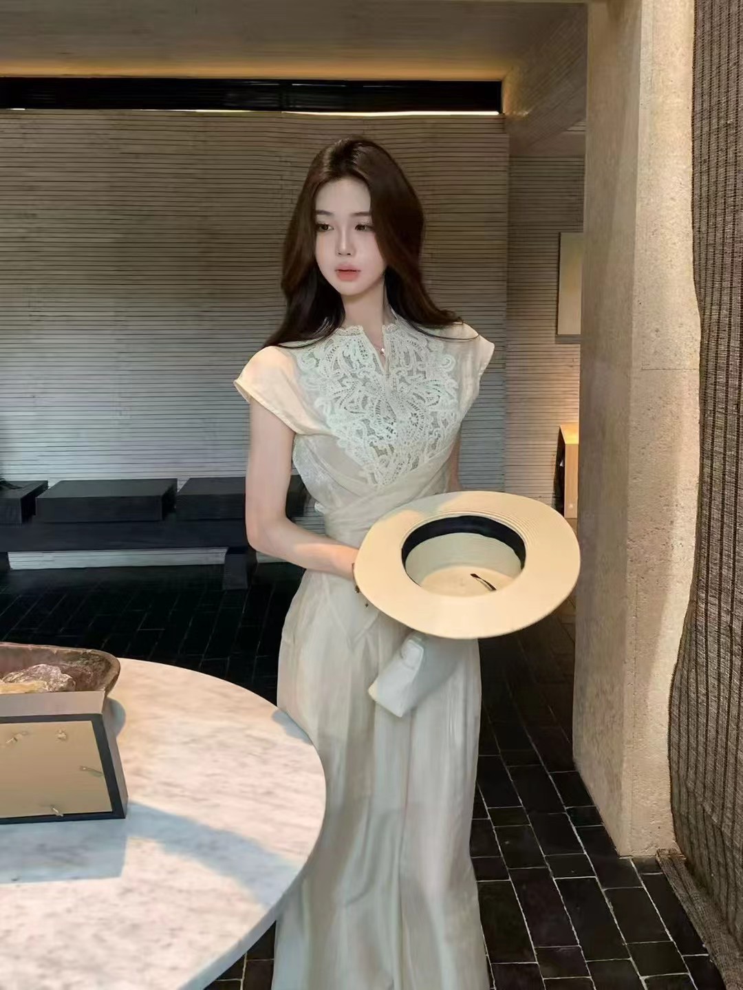 새로운 중식 레이스 조각 마이크로 ~을 통해 레이스업 맨위 허리밴드 주간 실크 와이드 레그 팬츠 투피스 세트