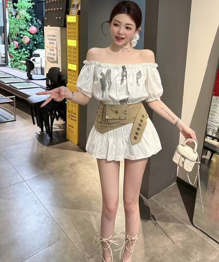 반팔 여성 티셔츠 여름 쇼트 스타일 핫걸 오프숄더 맨위 반신 치마 세트 해변 드레스 여성 해변가 휴가 슈퍼 요정