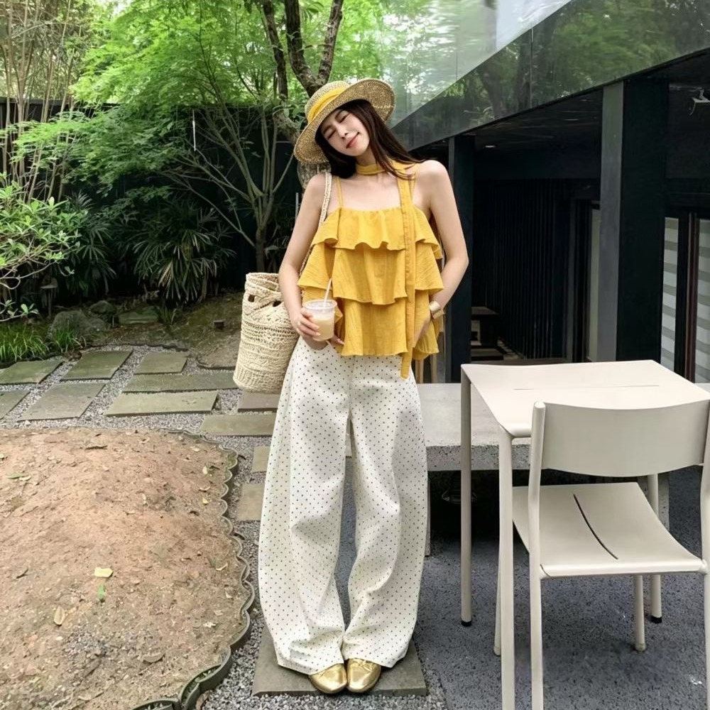 여름 한 부서 달콤함 순수한 욕망 프릴 케이크 캐미솔 맨위 여성 작은 셔츠 캐주얼 바지 투피스 세트