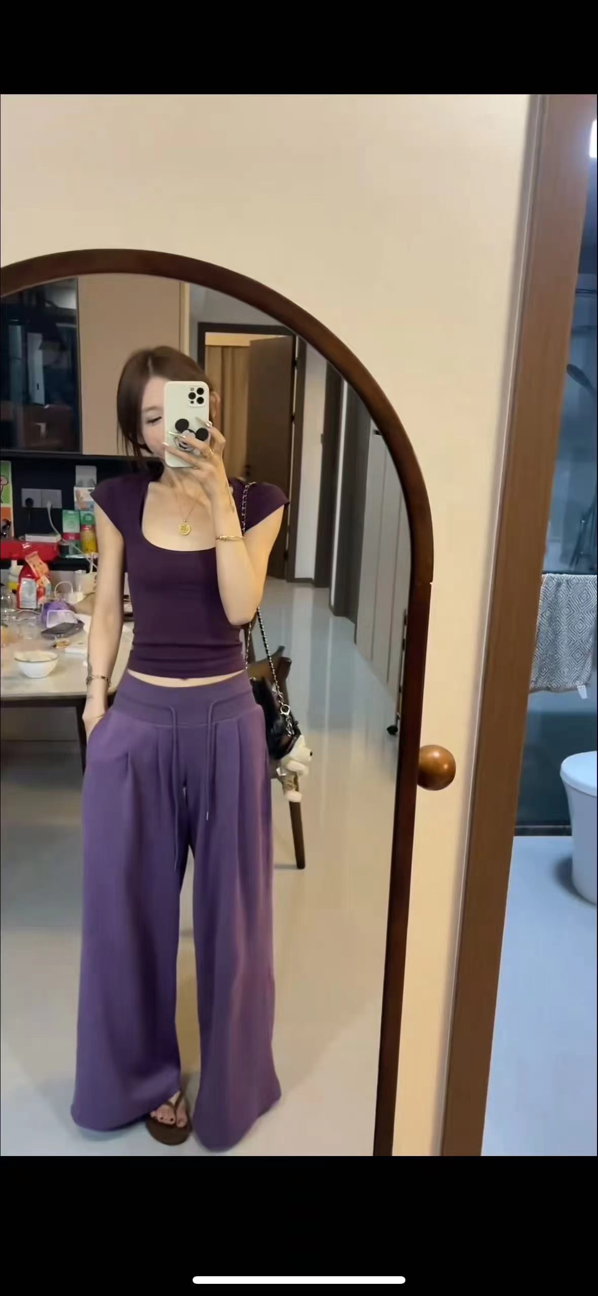 2026 보라색 캐주얼 운동 여성 여름 착용 가져 가라. 패션 품격 반팔 티셔츠 와이드 레그 팬츠 투피스 슈트