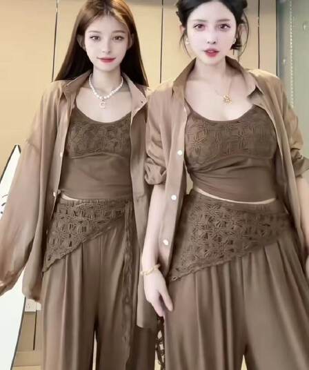여름 새로운 품격 패션 슬립 짜임 허리 로프 슬림해 보이는 와이드 레그 팬츠 3종 세트